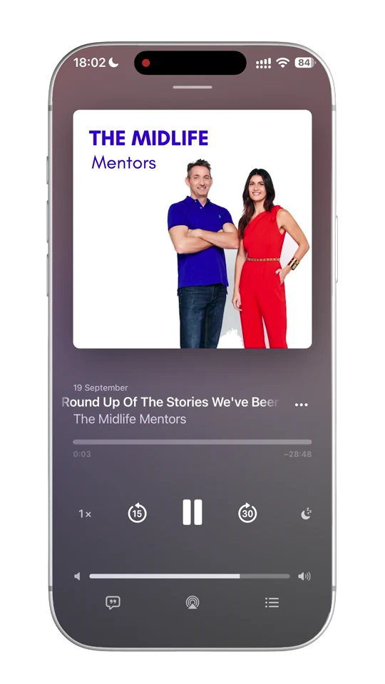 The Midlife Mentors episode playing in Apple Podcasts inside a phone